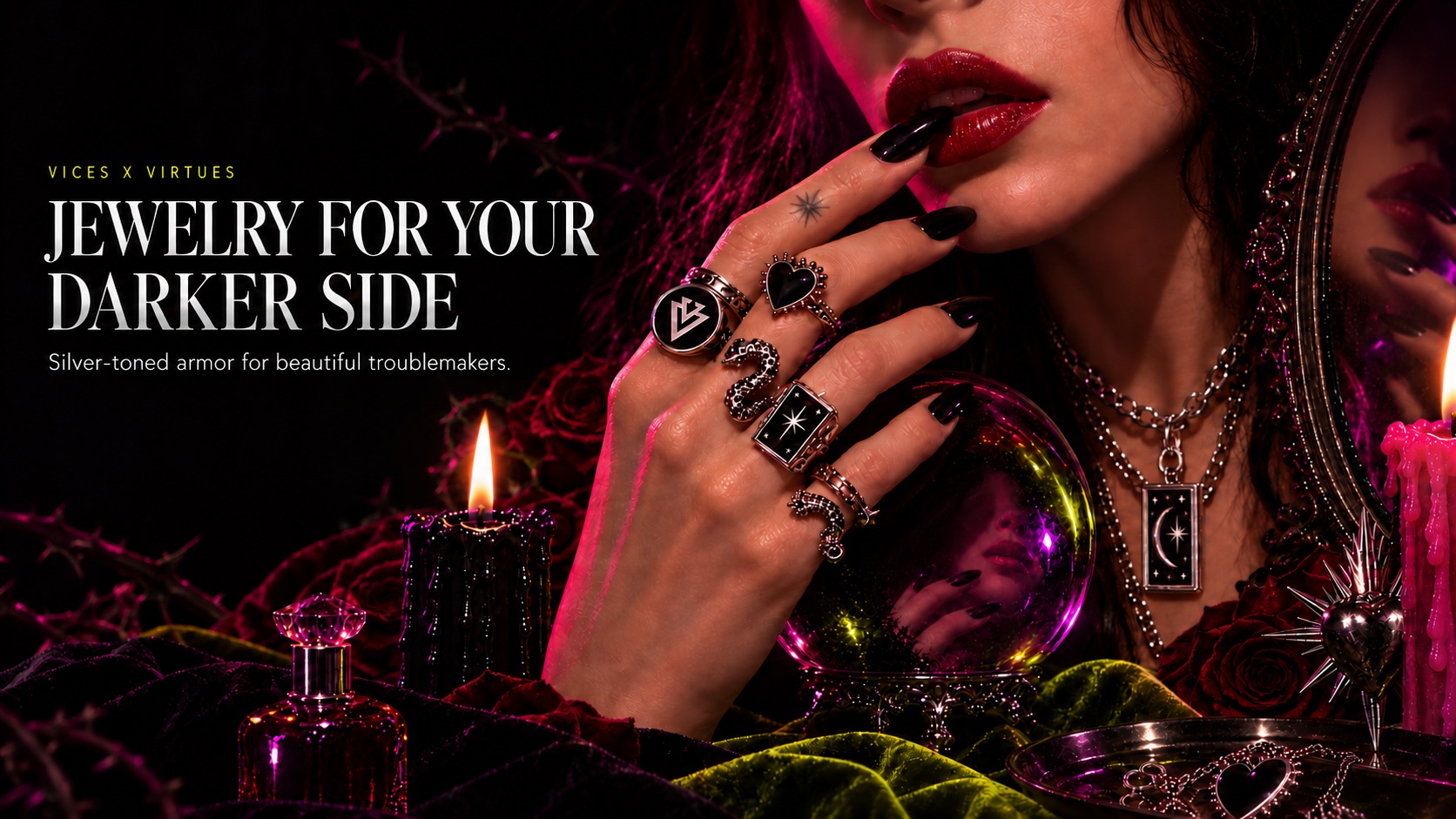 Jewelry for your darker side. Silver-toned armor for beautiful troublemakers.